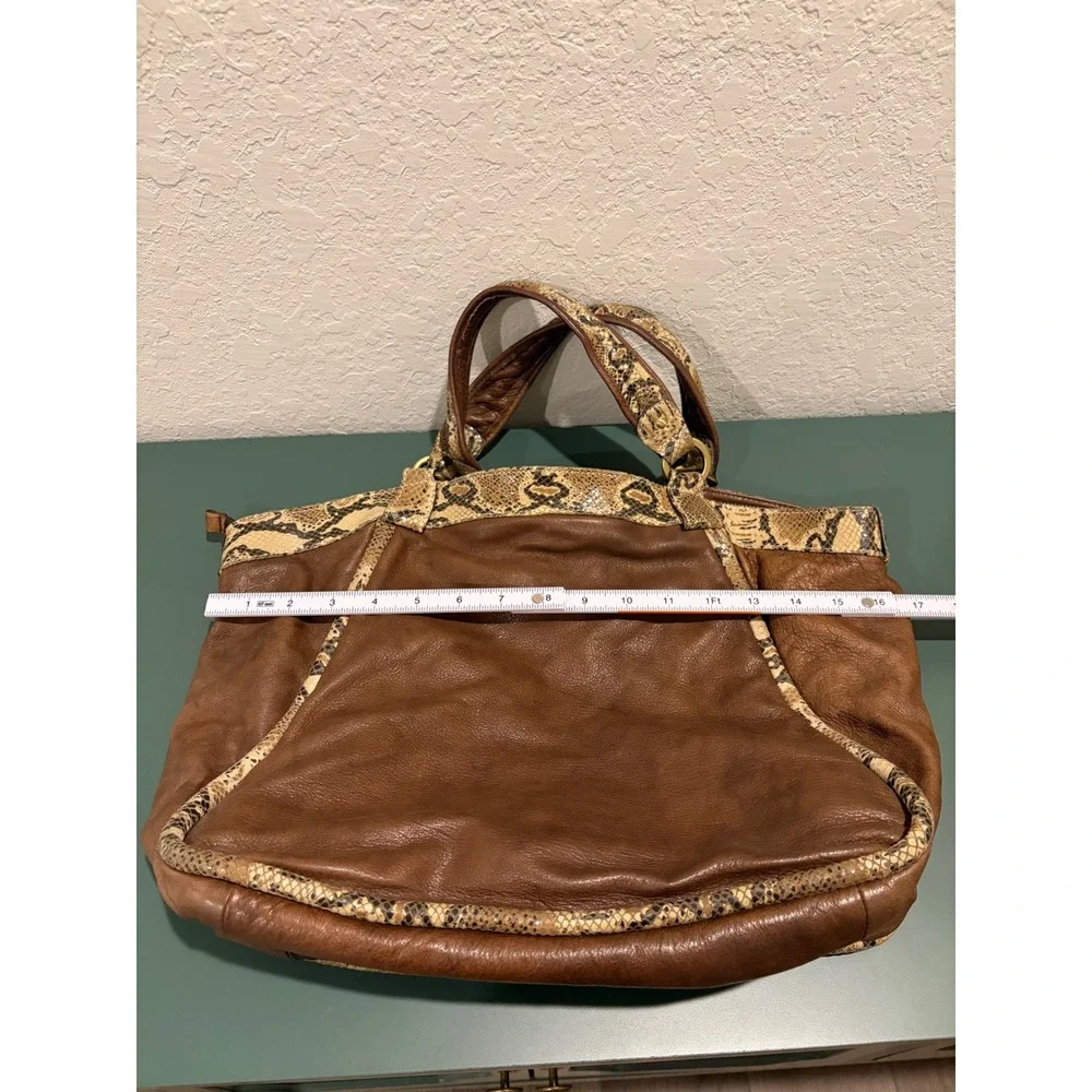 Kesslord Paris Brown Leather Snakeskin Trim Satchel Hobo Bag Brass Hardware